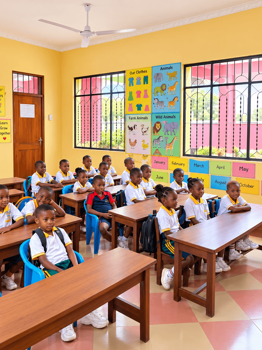 Classroom with chalkboard and colorful educational displays