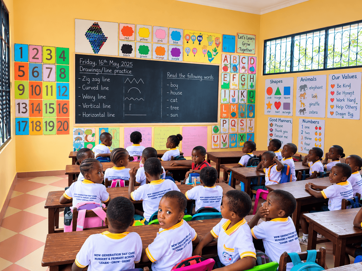 Day care children in bright classroom