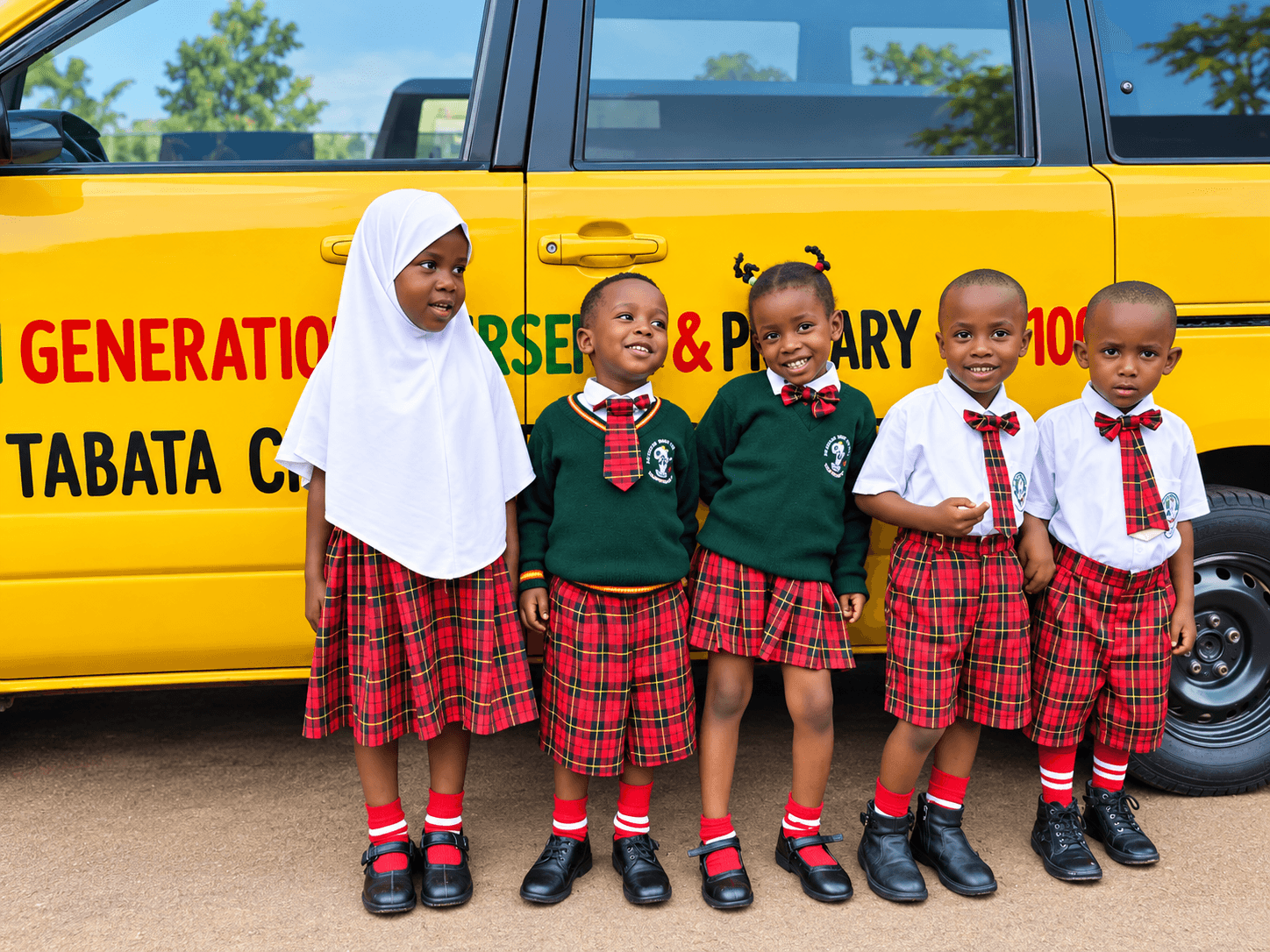 Students in green uniform standing by yellow school van at New Generation School
