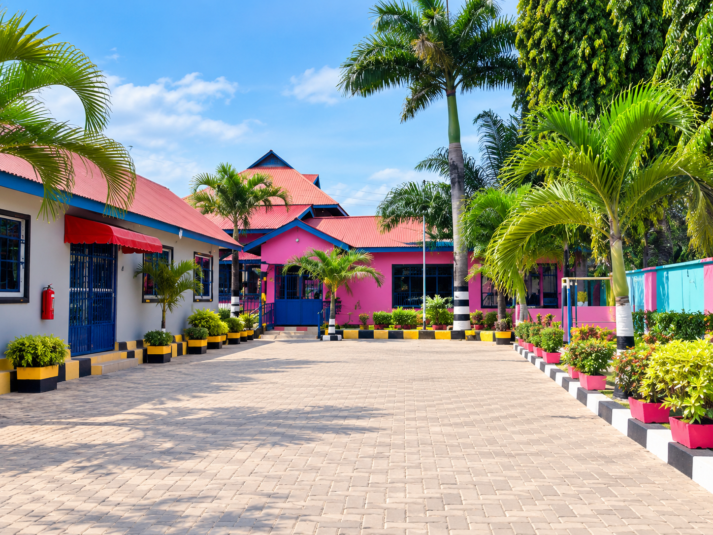 New Generation School assembly hall with red corridor and archways