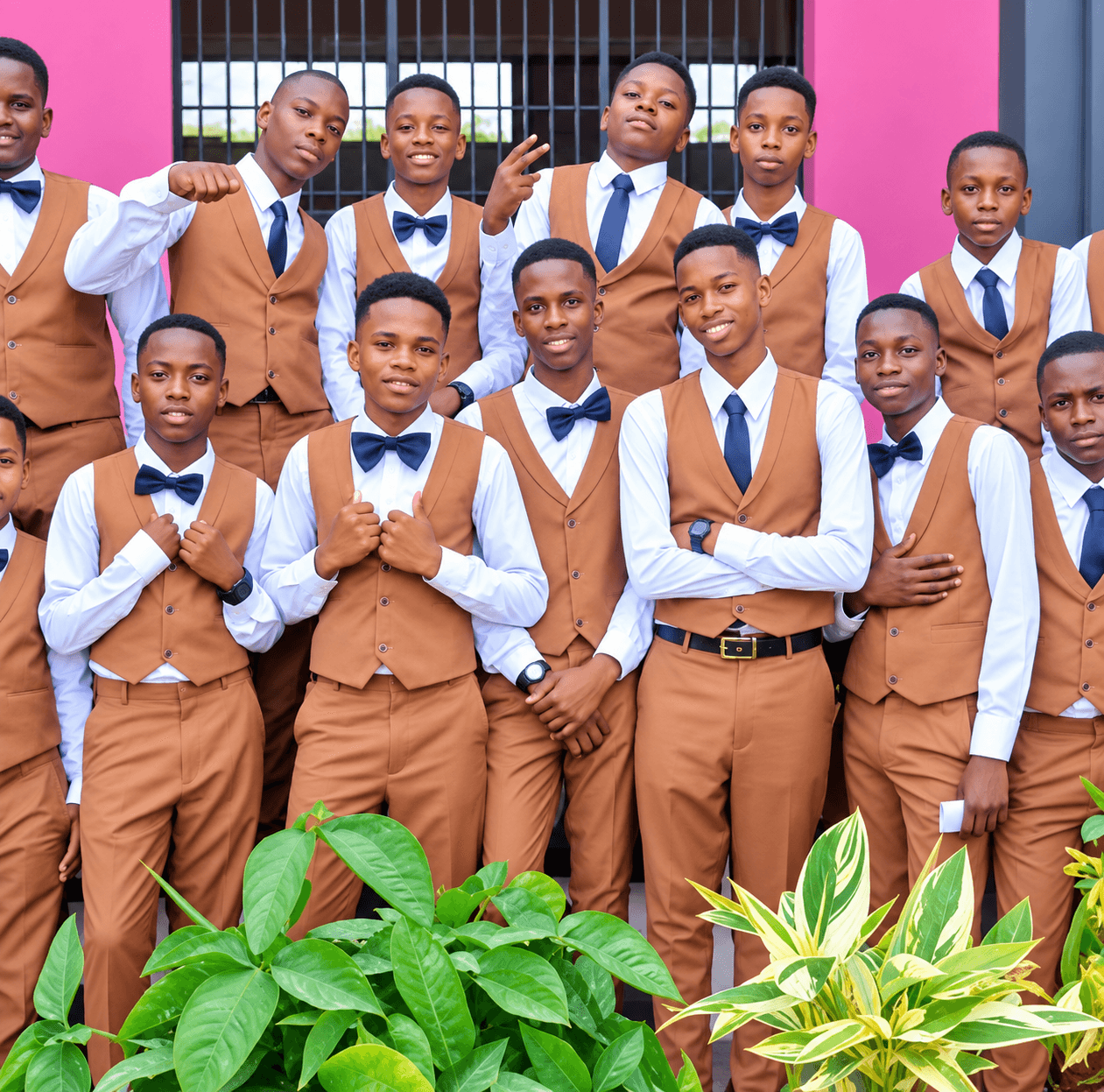 Boy graduates in brown uniforms posing proudly on graduation day at New Generation School