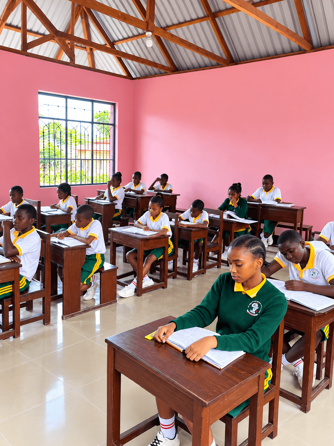 Students engaged in group learning activity inside a well-lit classroom