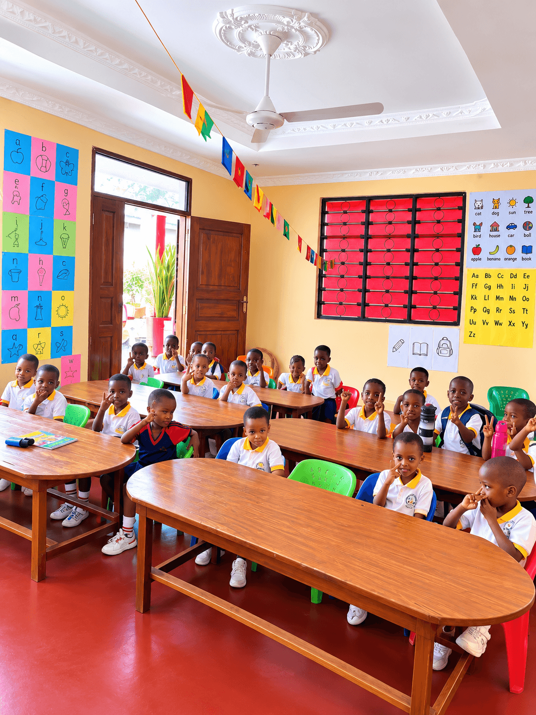 Primary school students writing in exercise books during a class session