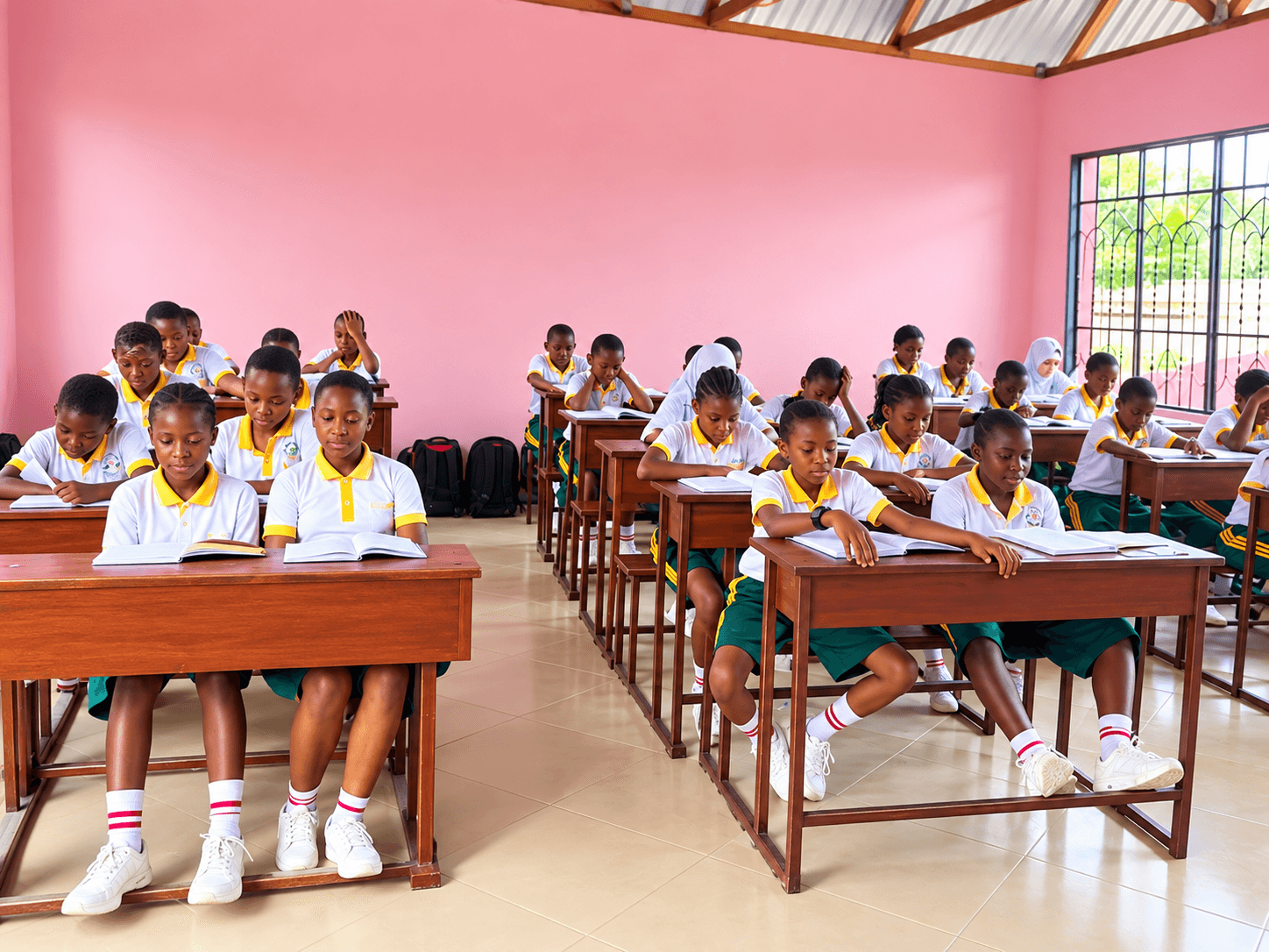 Bright classroom with students in white and yellow uniforms at New Generation School